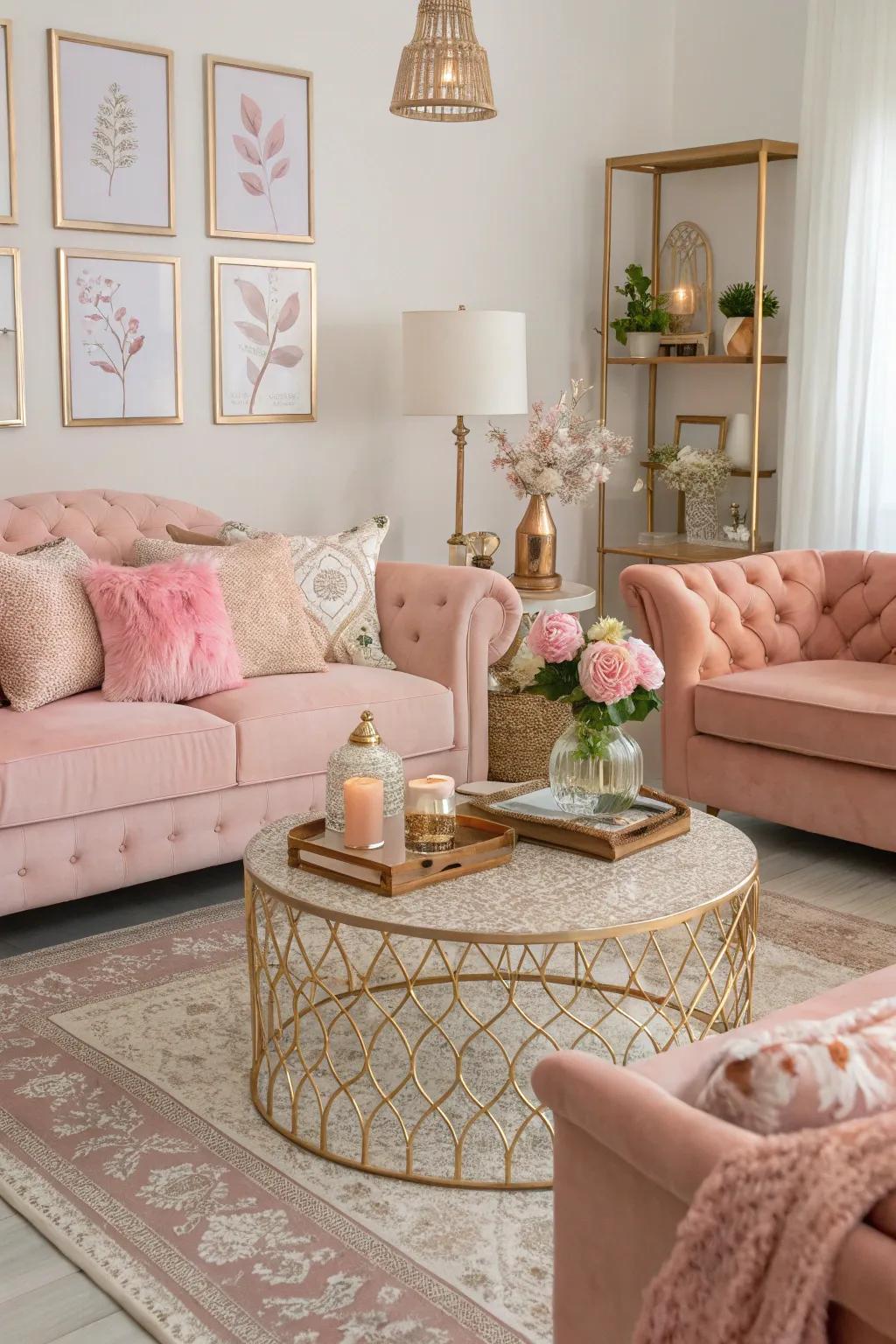 A rose gold and blush palette creates a soft, harmonious look.