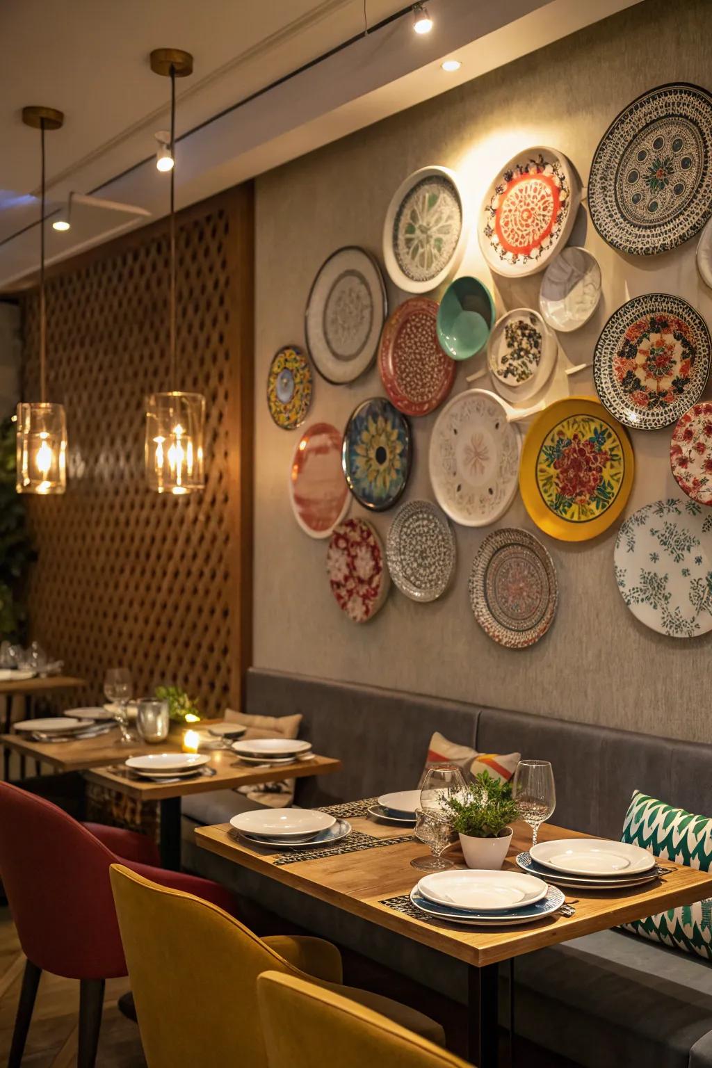 Dining area with an eclectic display of round plates on the wall.