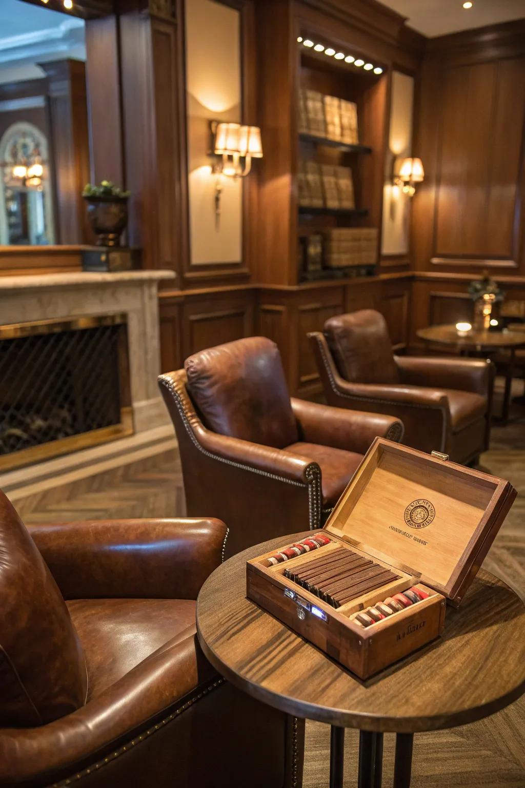 A cigar lounge corner adds a sophisticated touch to the man cave.