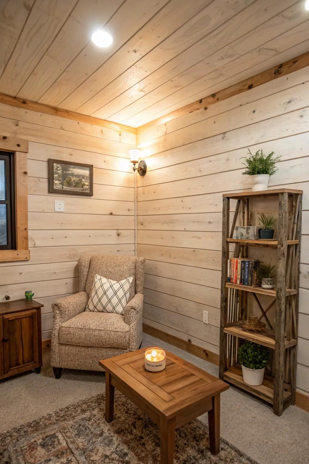 Rustic shiplap wainscoting for a cozy cottage atmosphere.