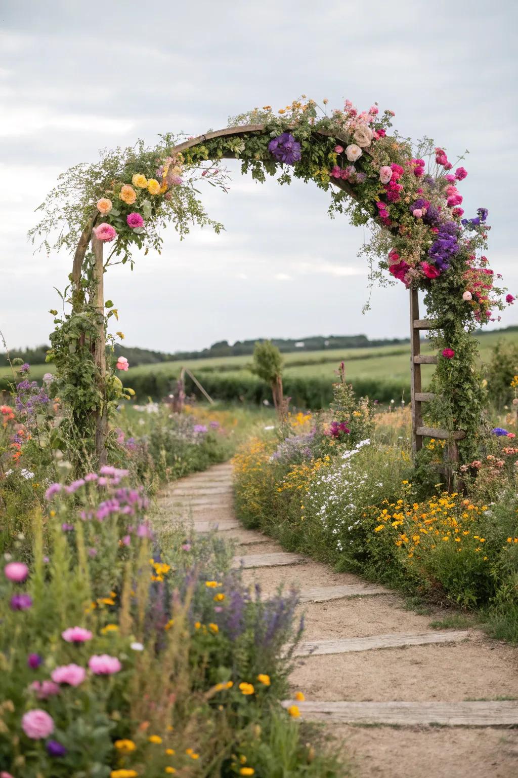 A wildflower arch, bursting with color and whimsy.
