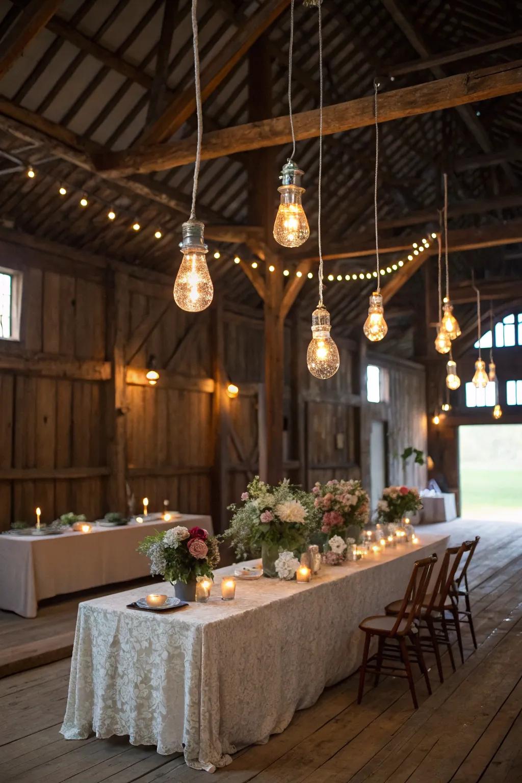 Edison bulbs casting a warm and stylish glow over the head table.
