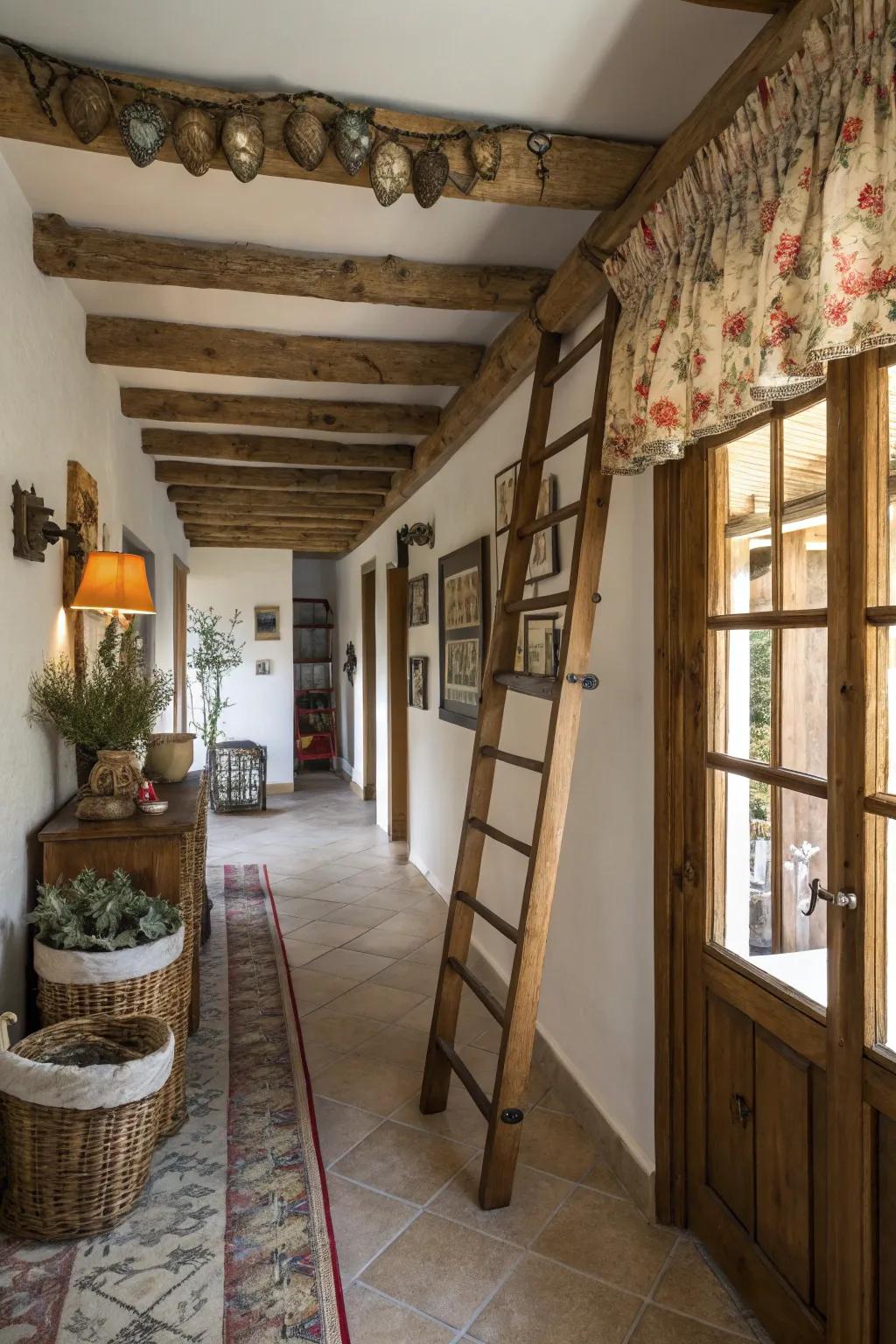 An eclectic hallway featuring a valance made from a repurposed wooden ladder.