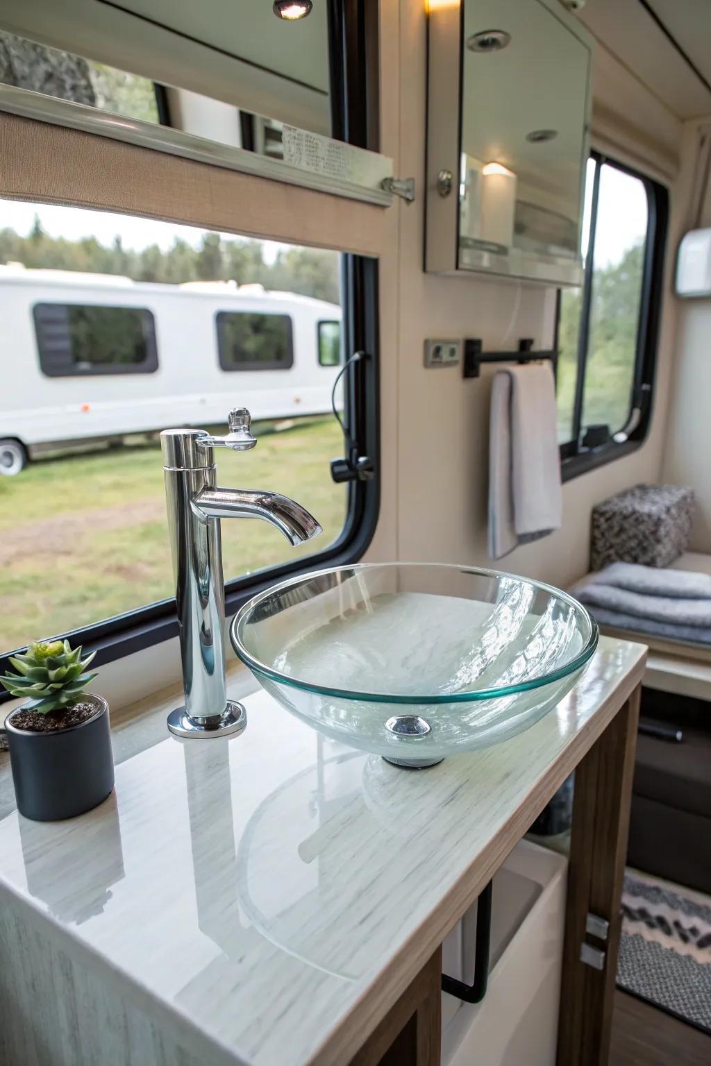 A glass sink providing modern elegance to an RV bathroom.