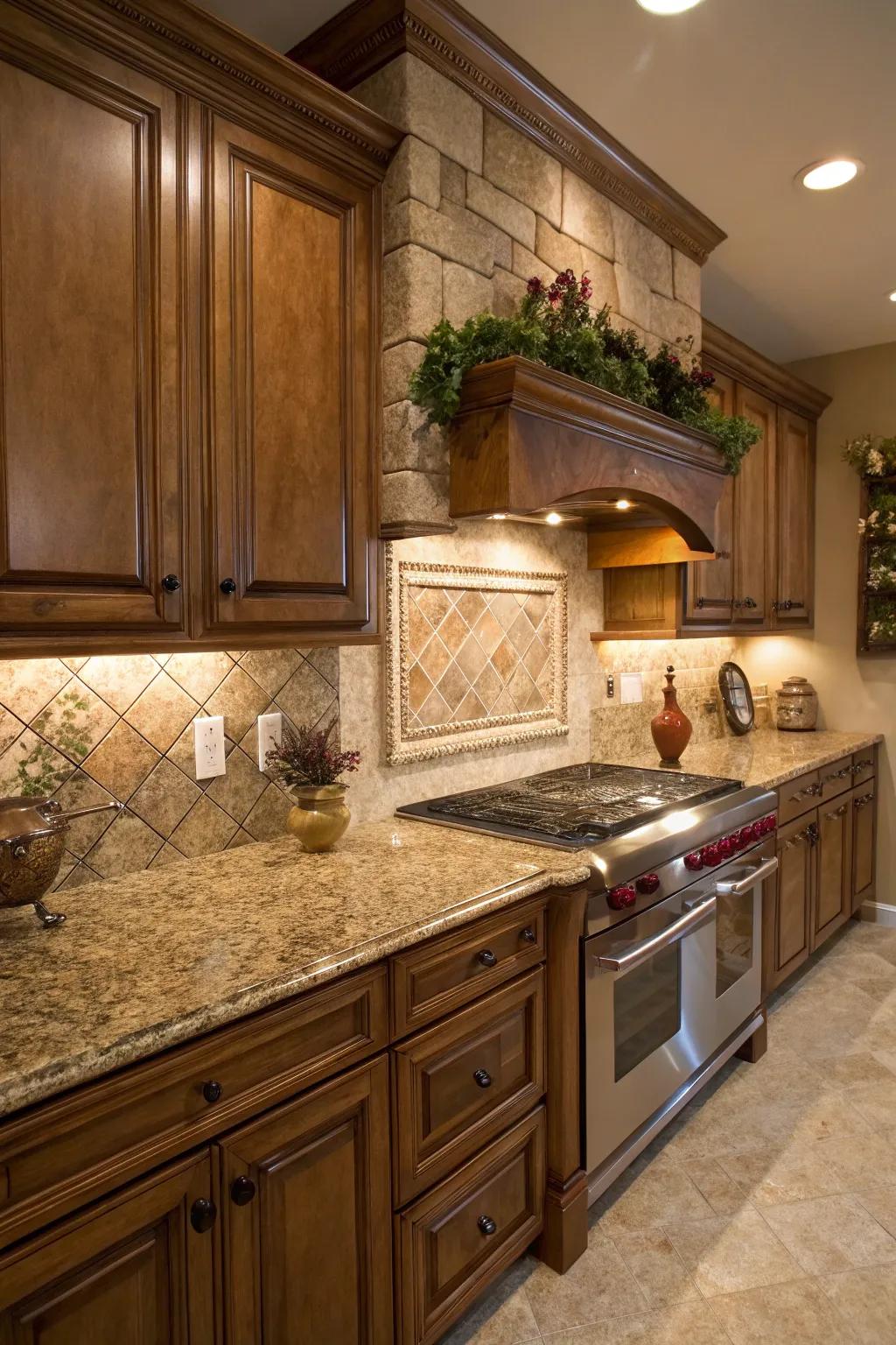 Natural stone tiles enhance the rustic charm of Santa Cecilia granite.