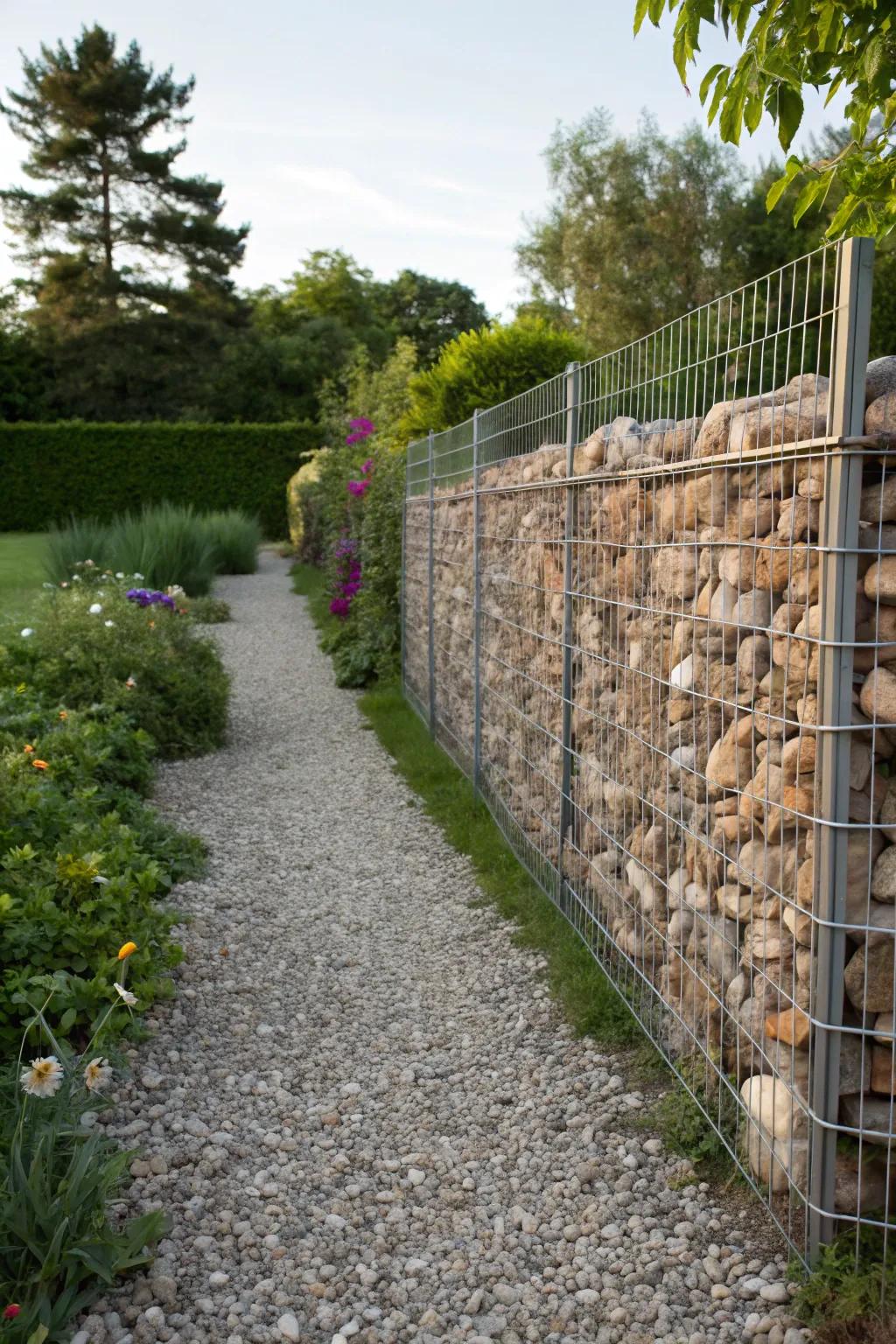 Gabion walls provide a natural, textured barrier in this scenic garden landscape.