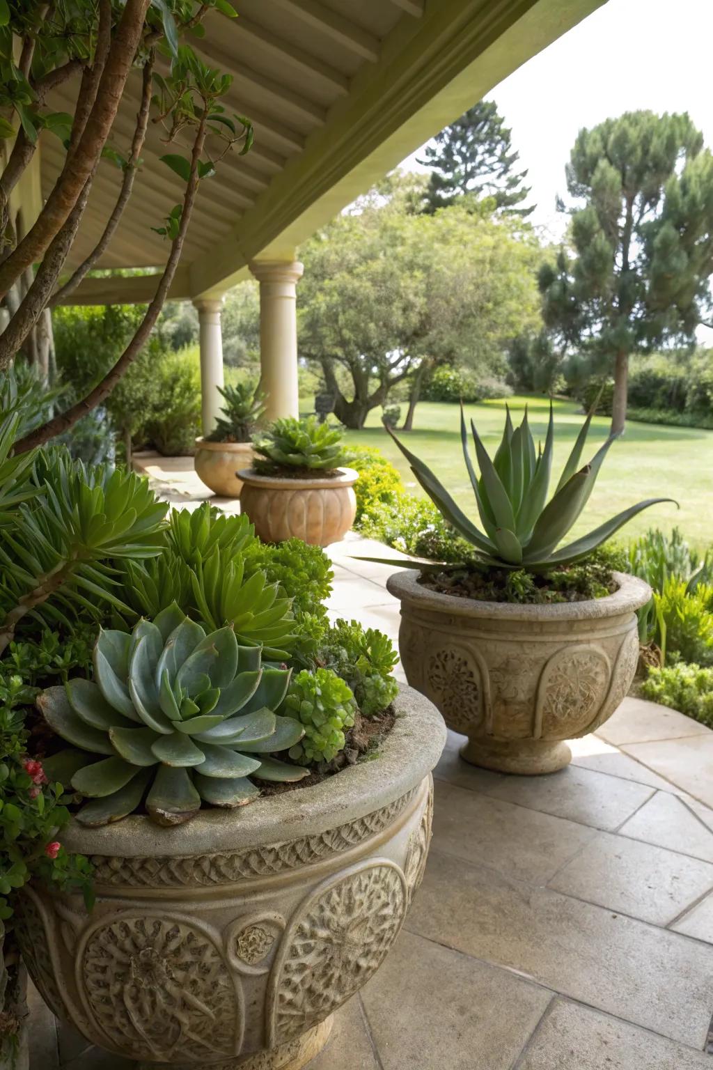 A shaded area with decorative pots featuring shade-loving succulents like Aeonium and Agave.