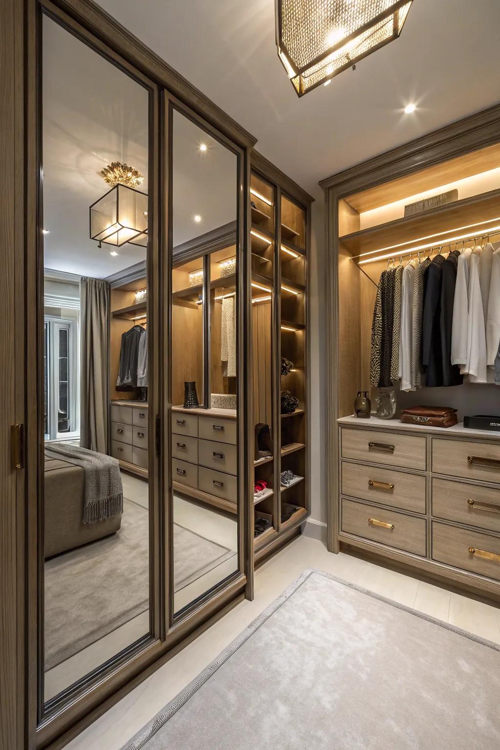 A closet with mirrors strategically placed for added depth.