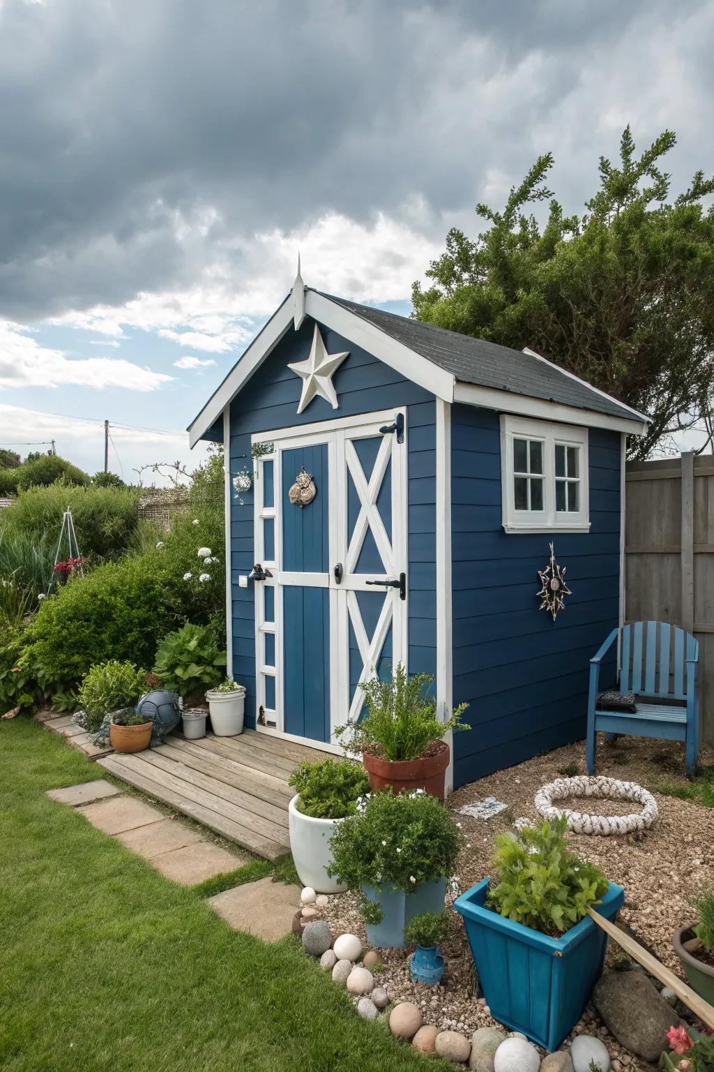 Nautical navy sheds offer a timeless and sophisticated garden aesthetic.