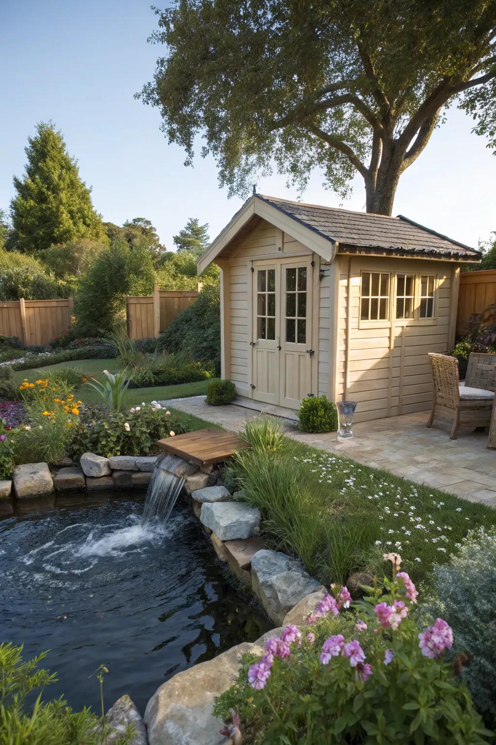 A garden shed with a calming water feature for added tranquility.