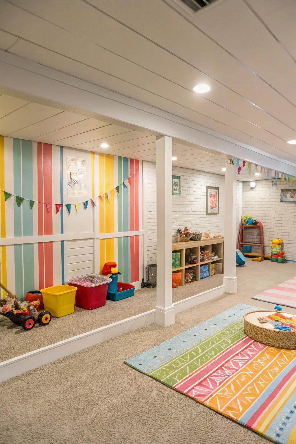 A playful kids' area in the basement with colorful shiplap walls.