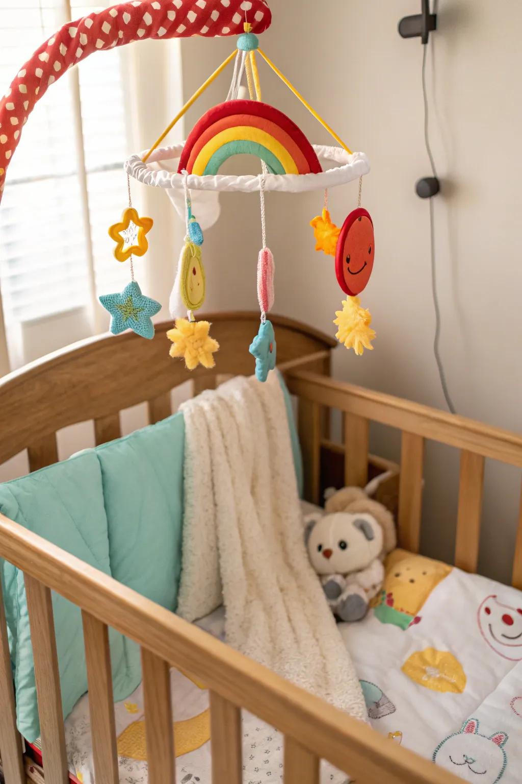 A colorful baby mobile adds a whimsical touch to the nursery.