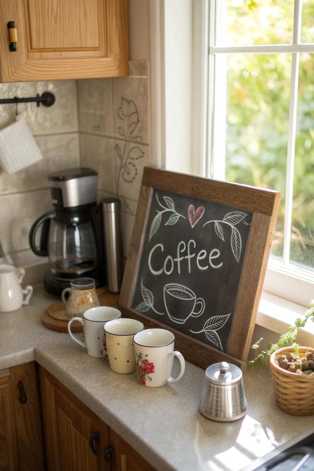 Kitchen corner chalkboard with a coffee-themed quote.