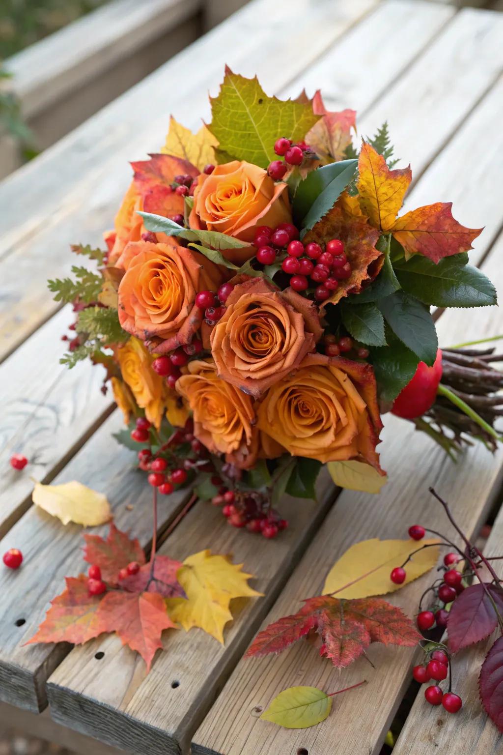 Seasonal foliage adds a unique twist to a rose bouquet.