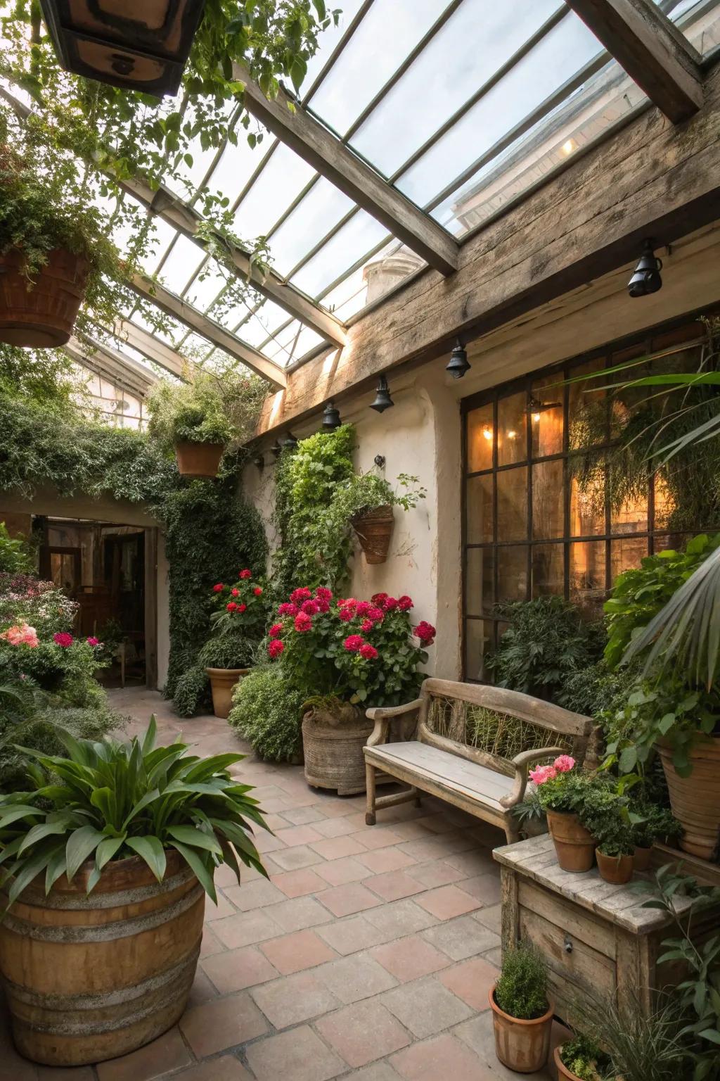 An indoor garden thriving under a generous skylight.