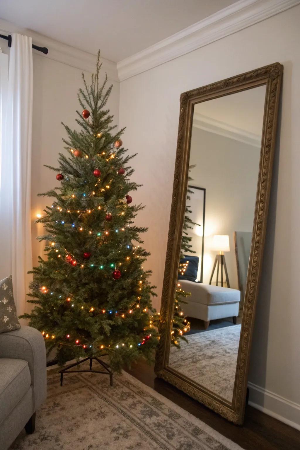 A mirror doubles the tree's light for a brighter room.