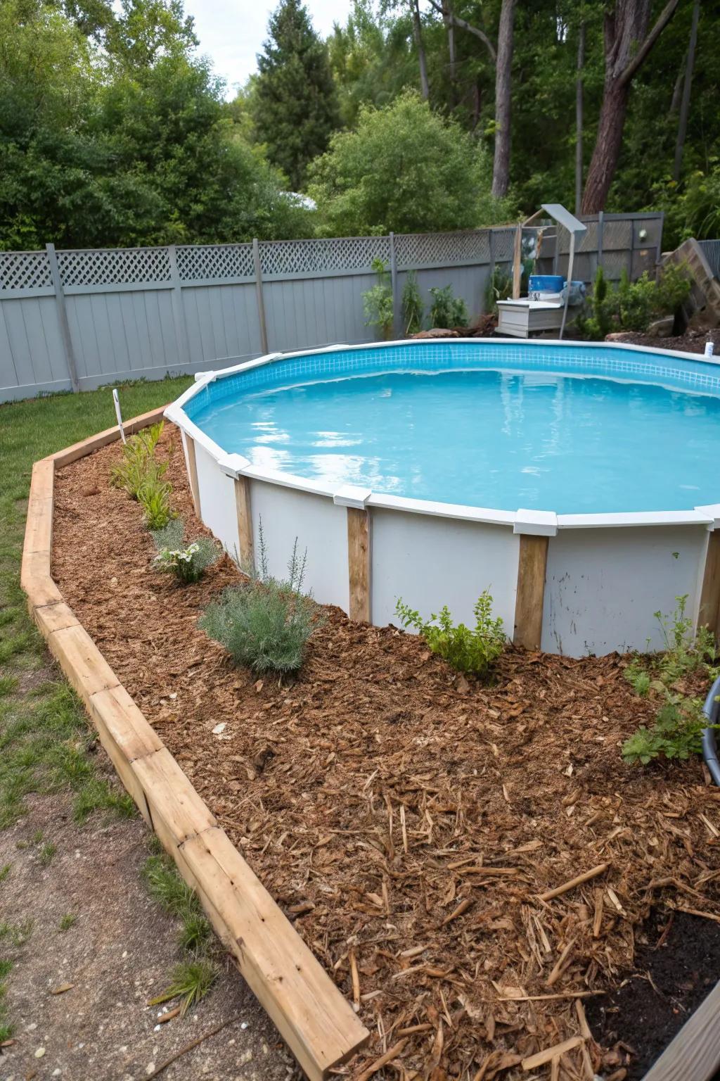 Natural mulch providing a practical and attractive ground cover around an above-ground pool.