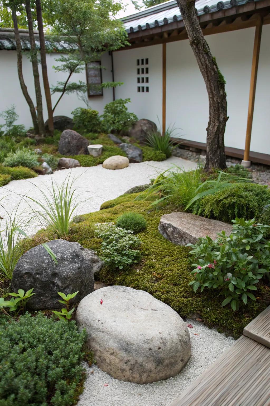 A zen garden featuring an asymmetrical arrangement of rocks and plants for dynamic balance.