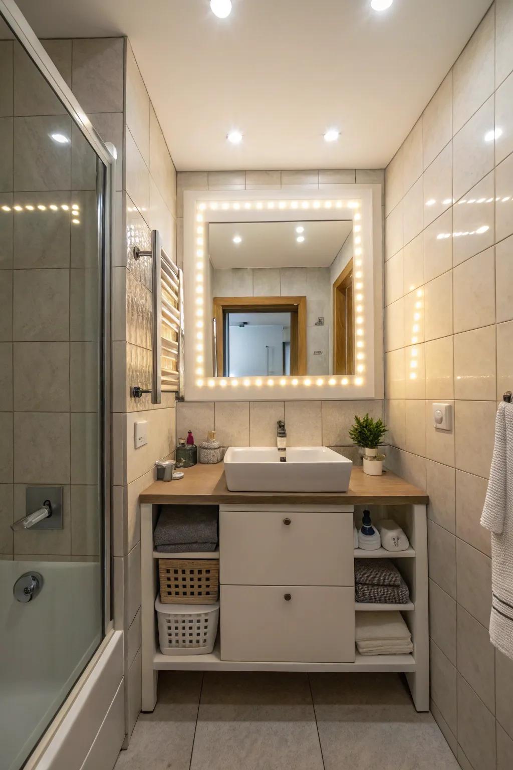 Dual-purpose fixtures maximize utility in small bathrooms.