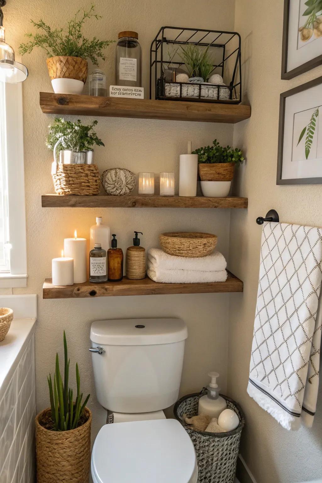 Shelves above the toilet optimize vertical space.