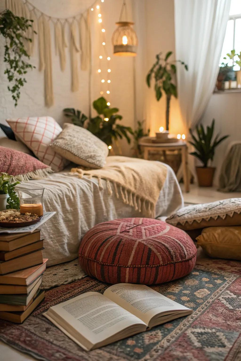 A cozy reading nook adds a charming retreat in this boho bedroom