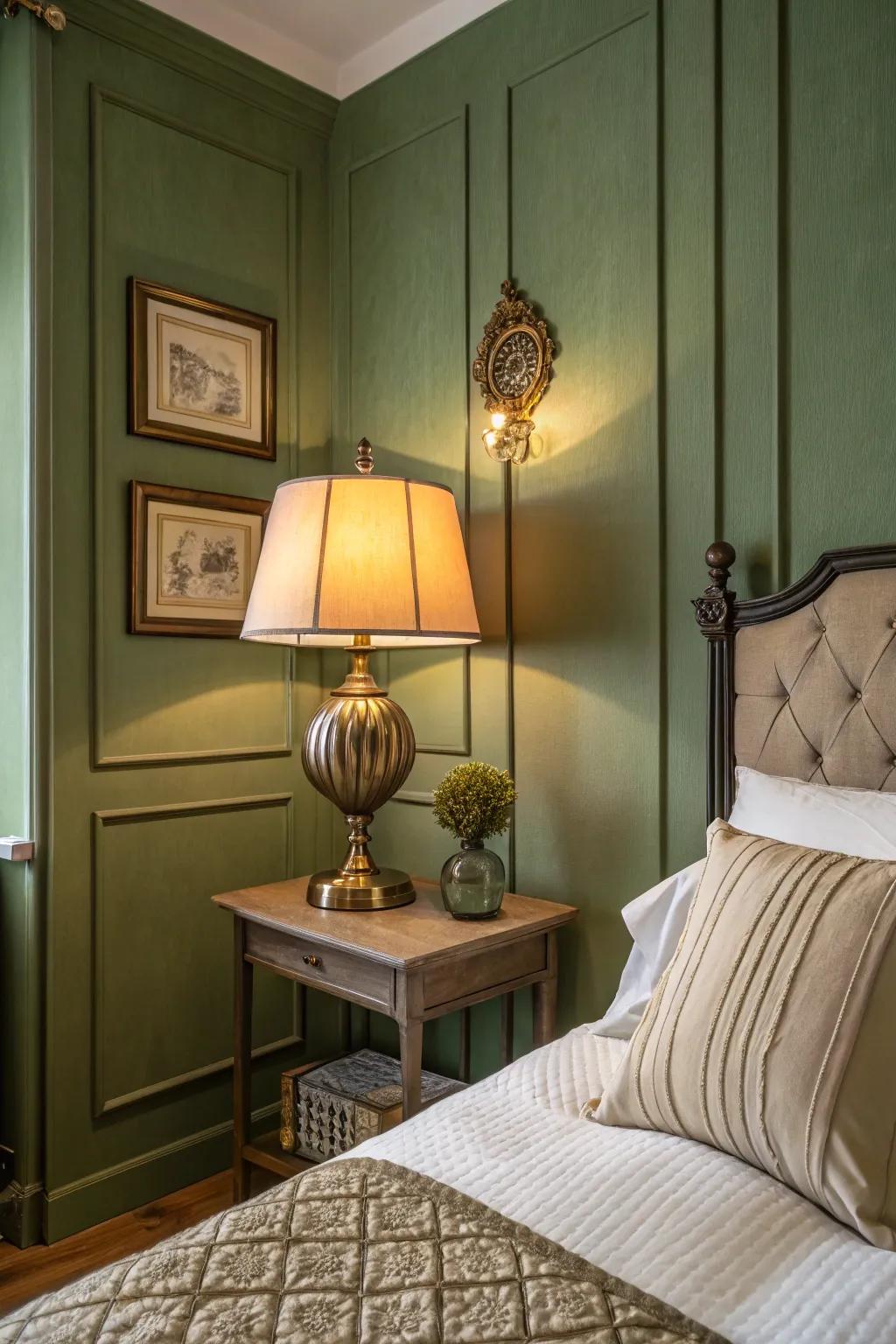 Olive green and vintage elements add timeless charm.