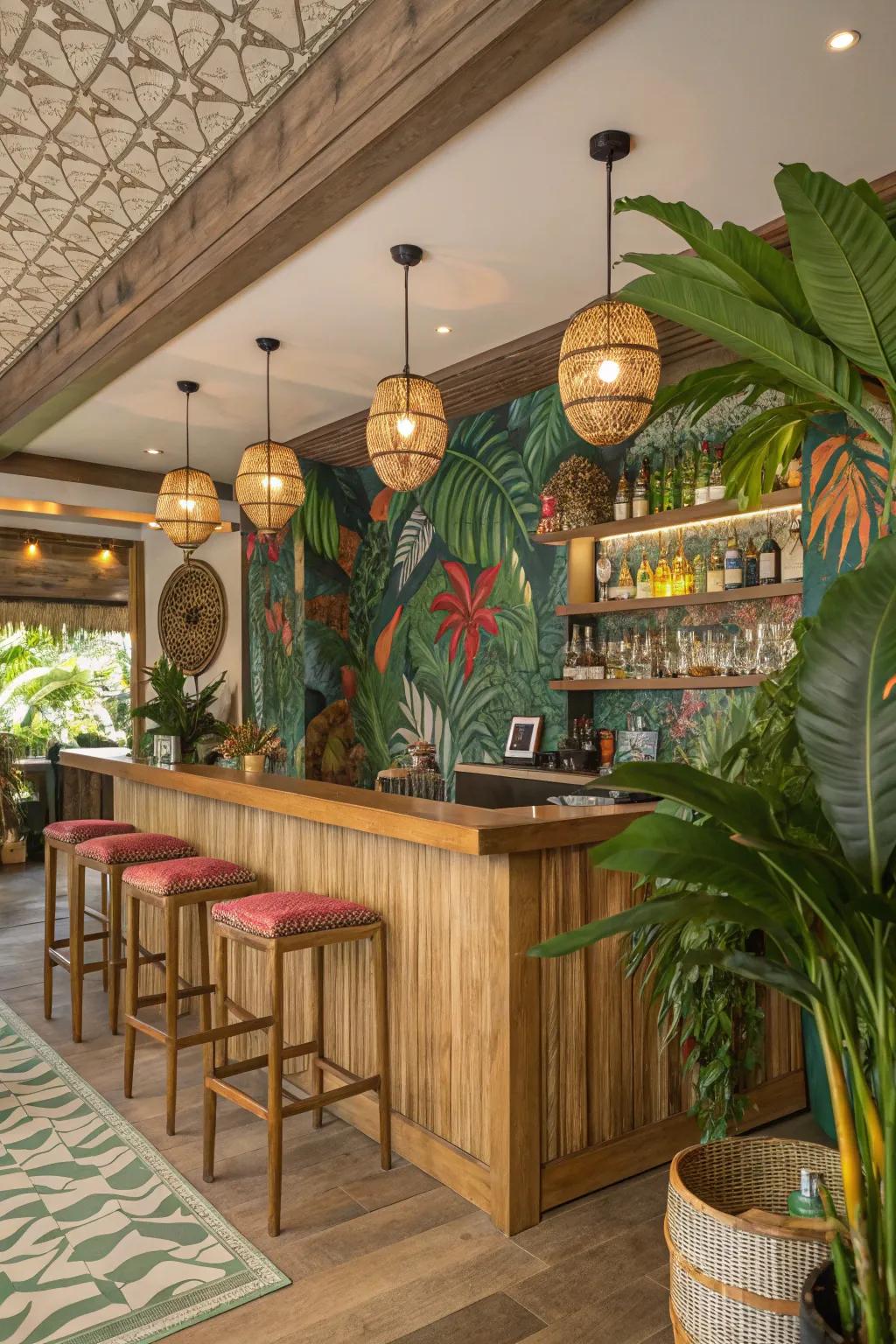 Tropical vibes bring a sense of relaxation and escape to your home bar.