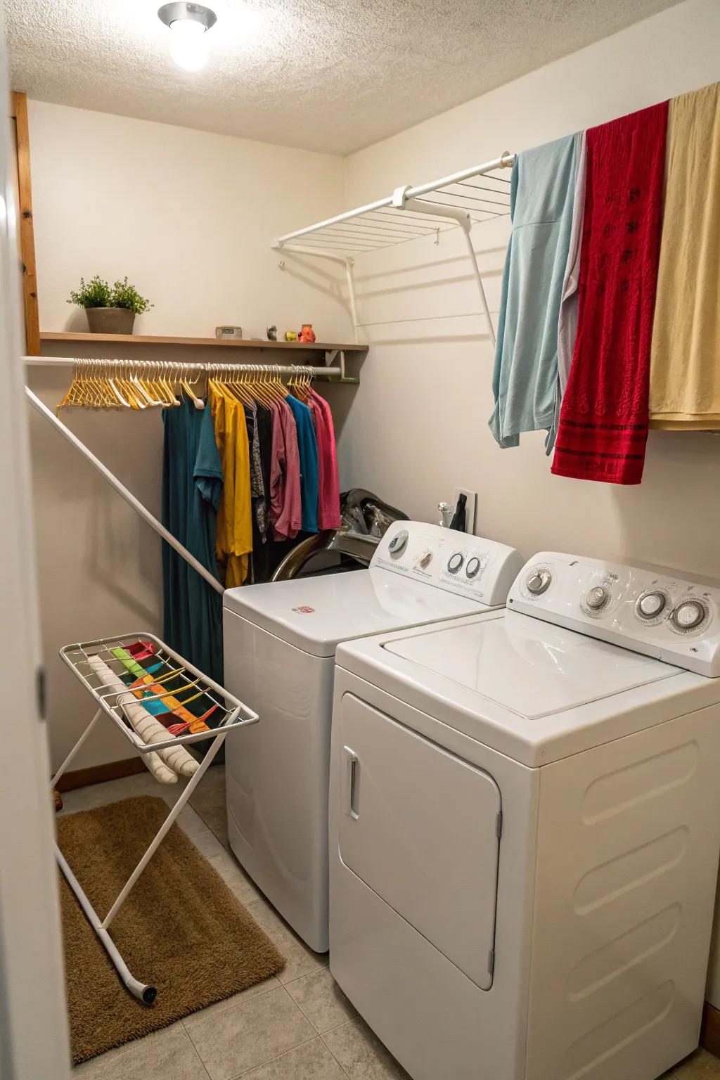 Utilize vertical space with a drying rack above the washer.