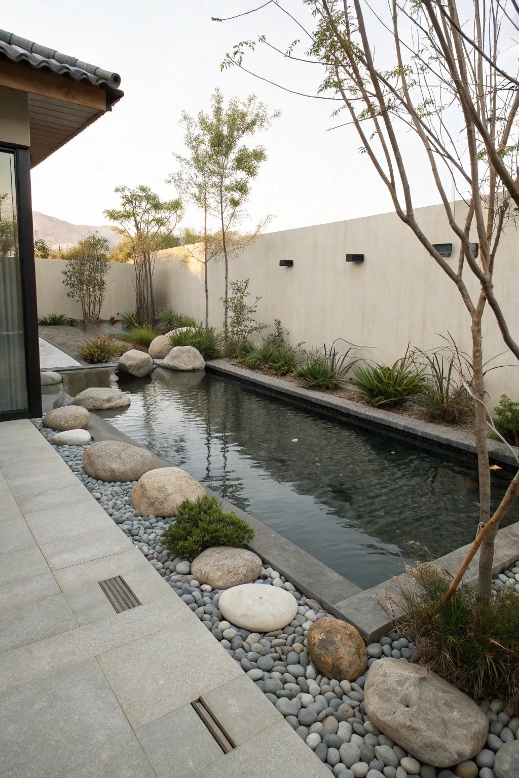 A Zen-inspired pool area with minimalistic design promotes relaxation and peace.