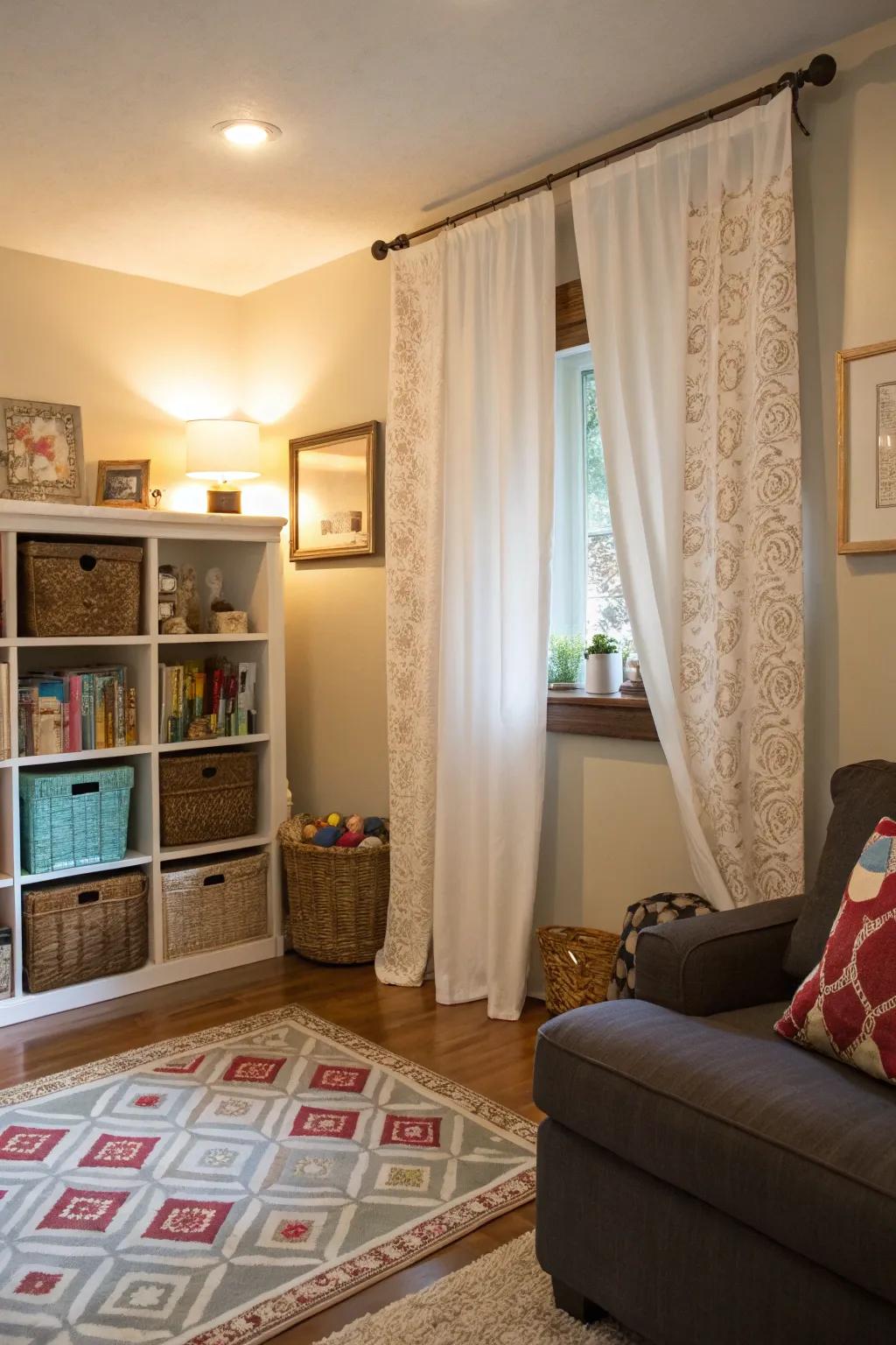 A curtain used to conceal and organize toy storage.