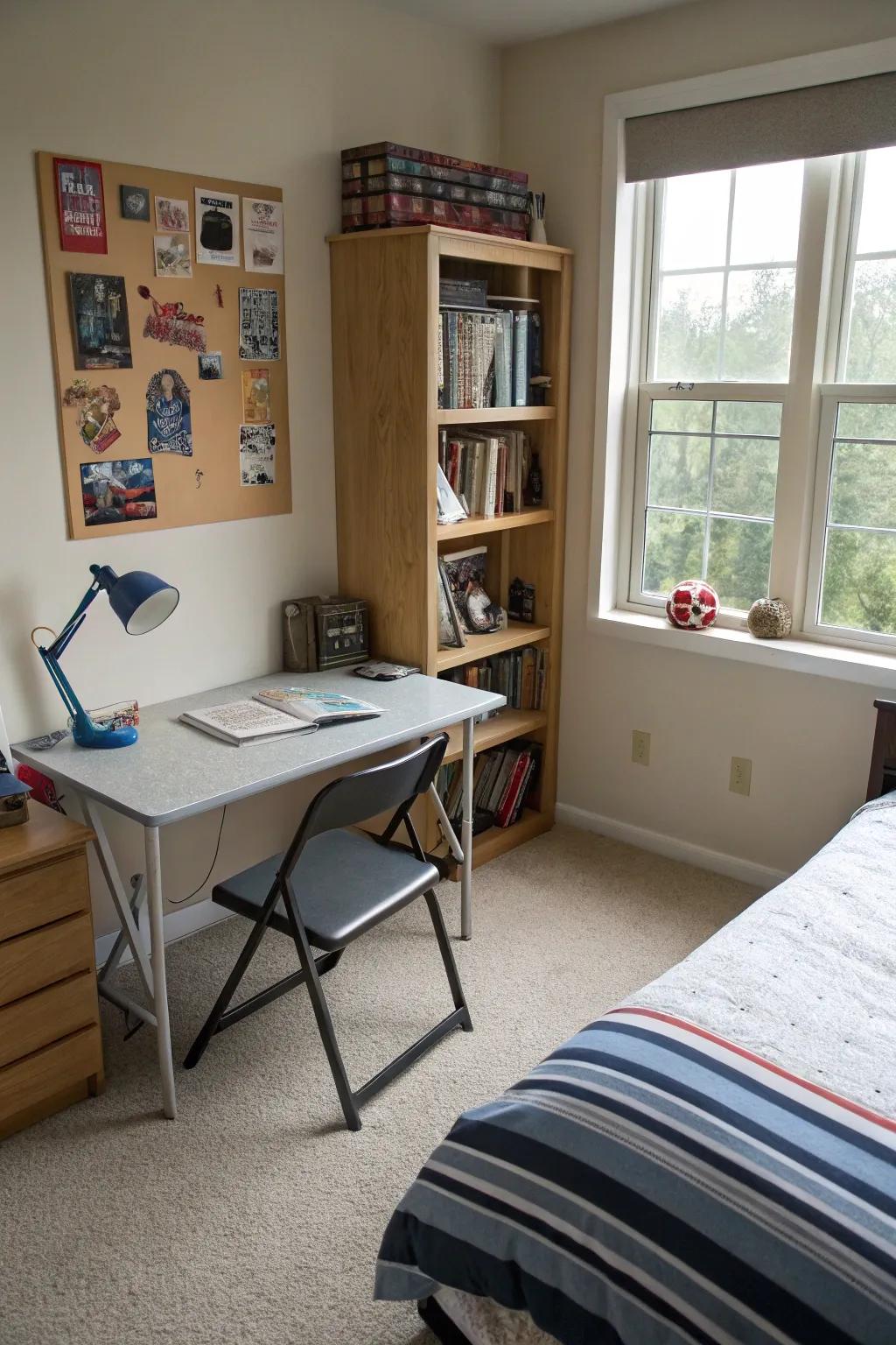 Folding furniture pieces add flexibility and save space.