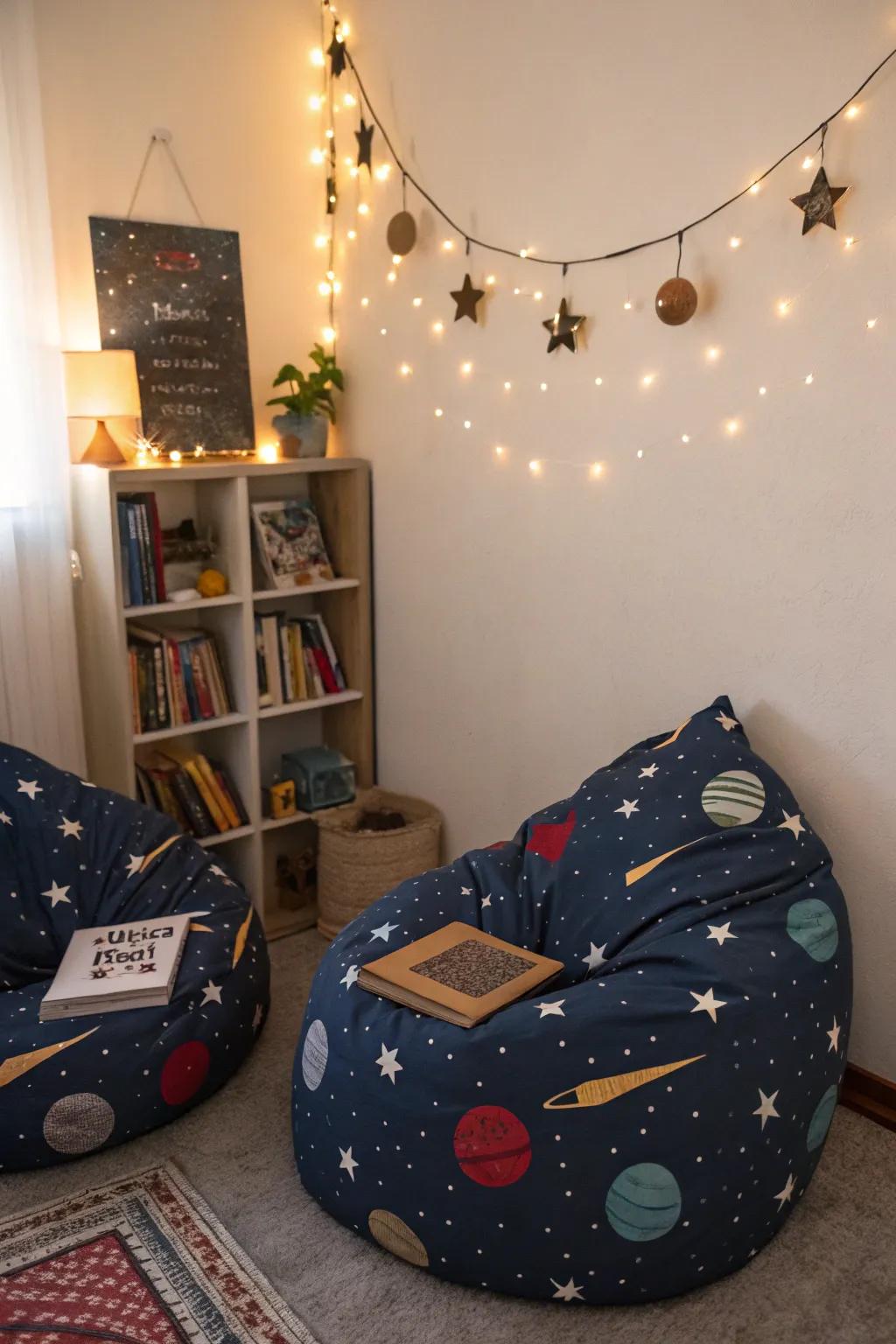 Cosmic bean bag chairs create a comfy space for relaxation.