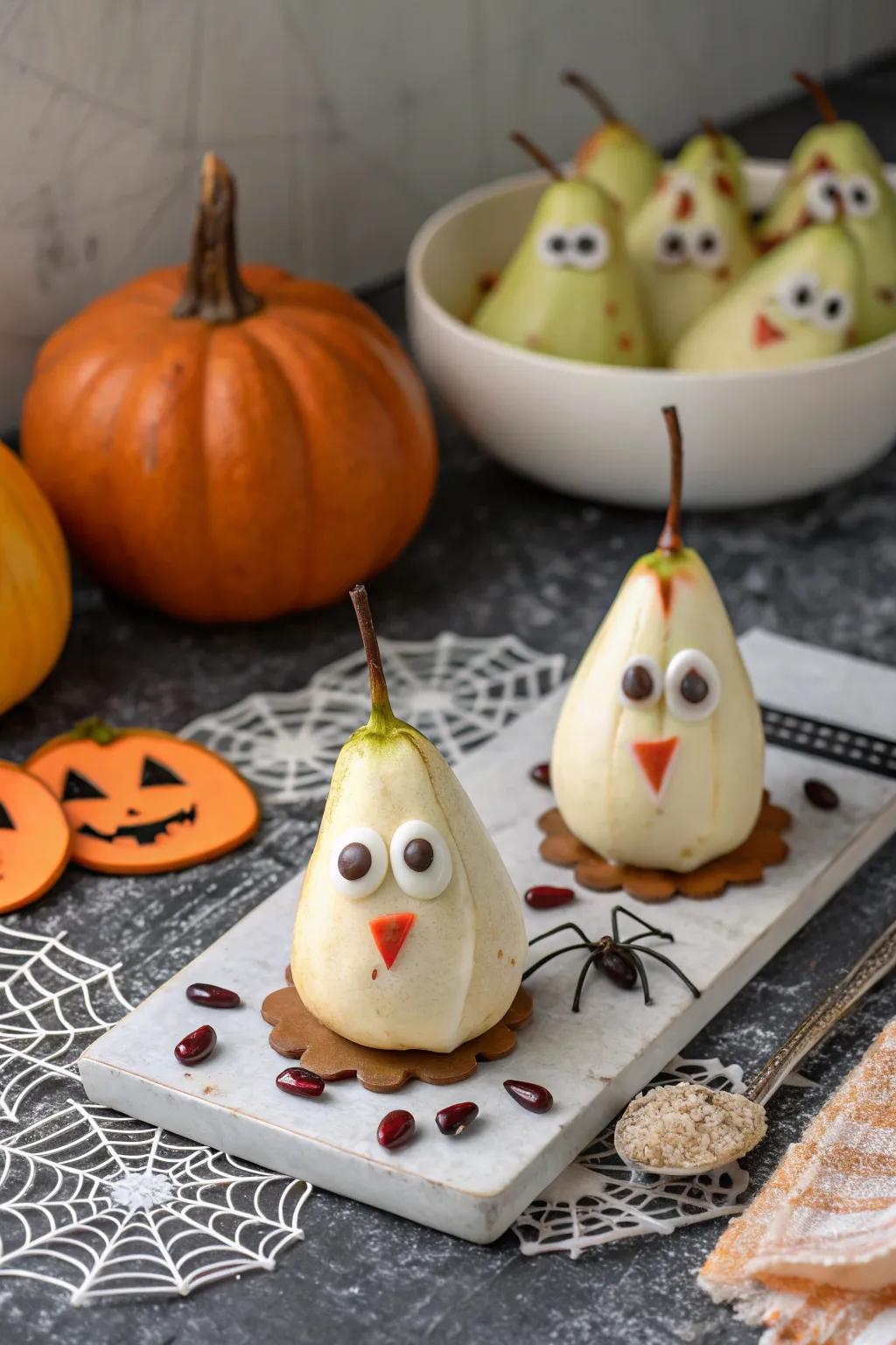 Ghostly pears floating into your Halloween spread.