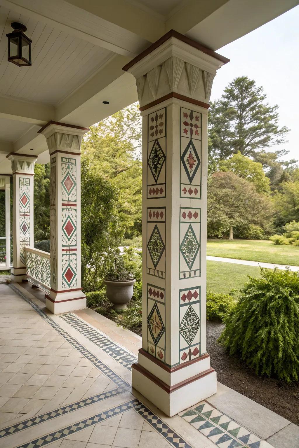 Geometric designs on square columns add modern artistic flair.