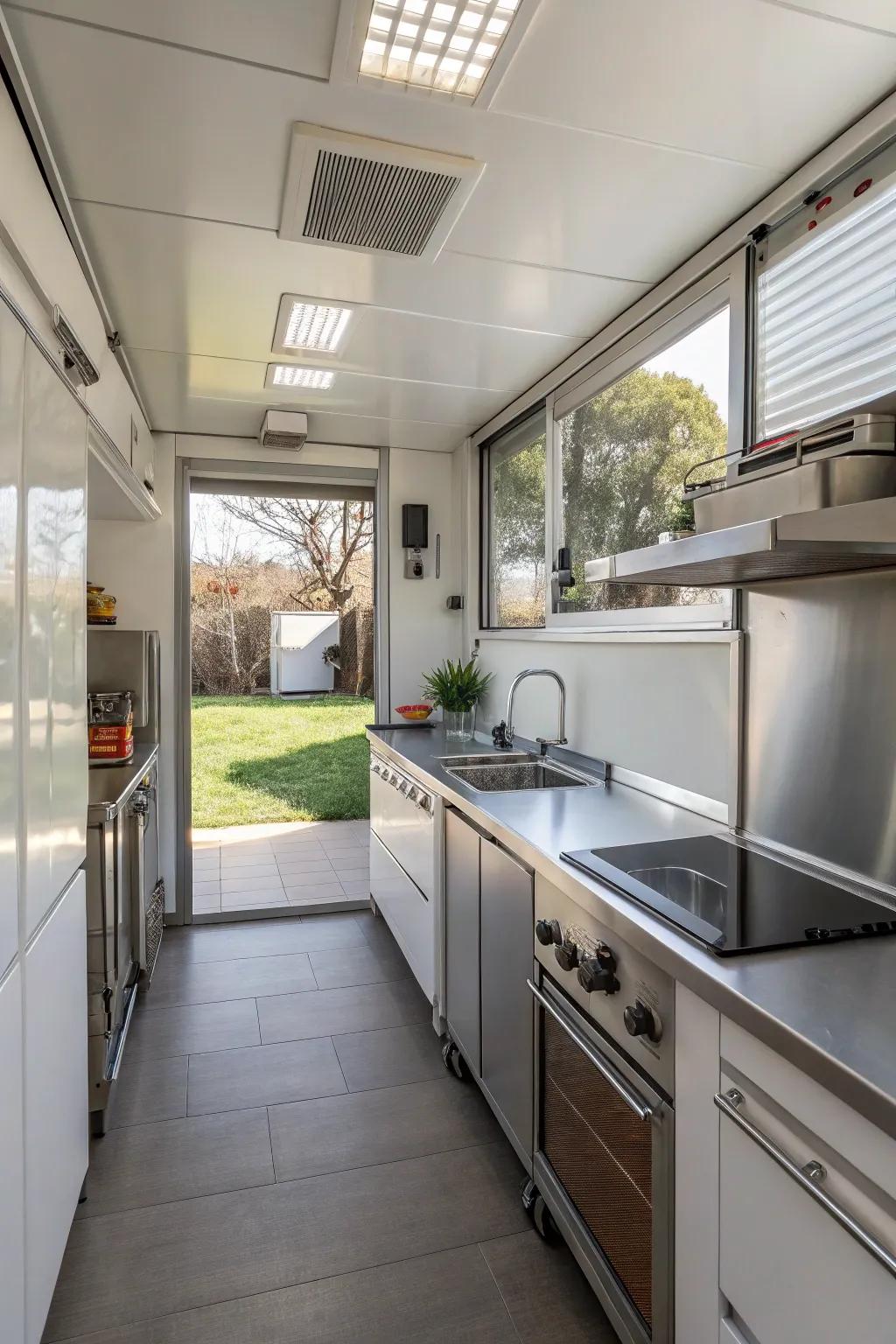 Stainless steel enhances light and space in compact kitchens.