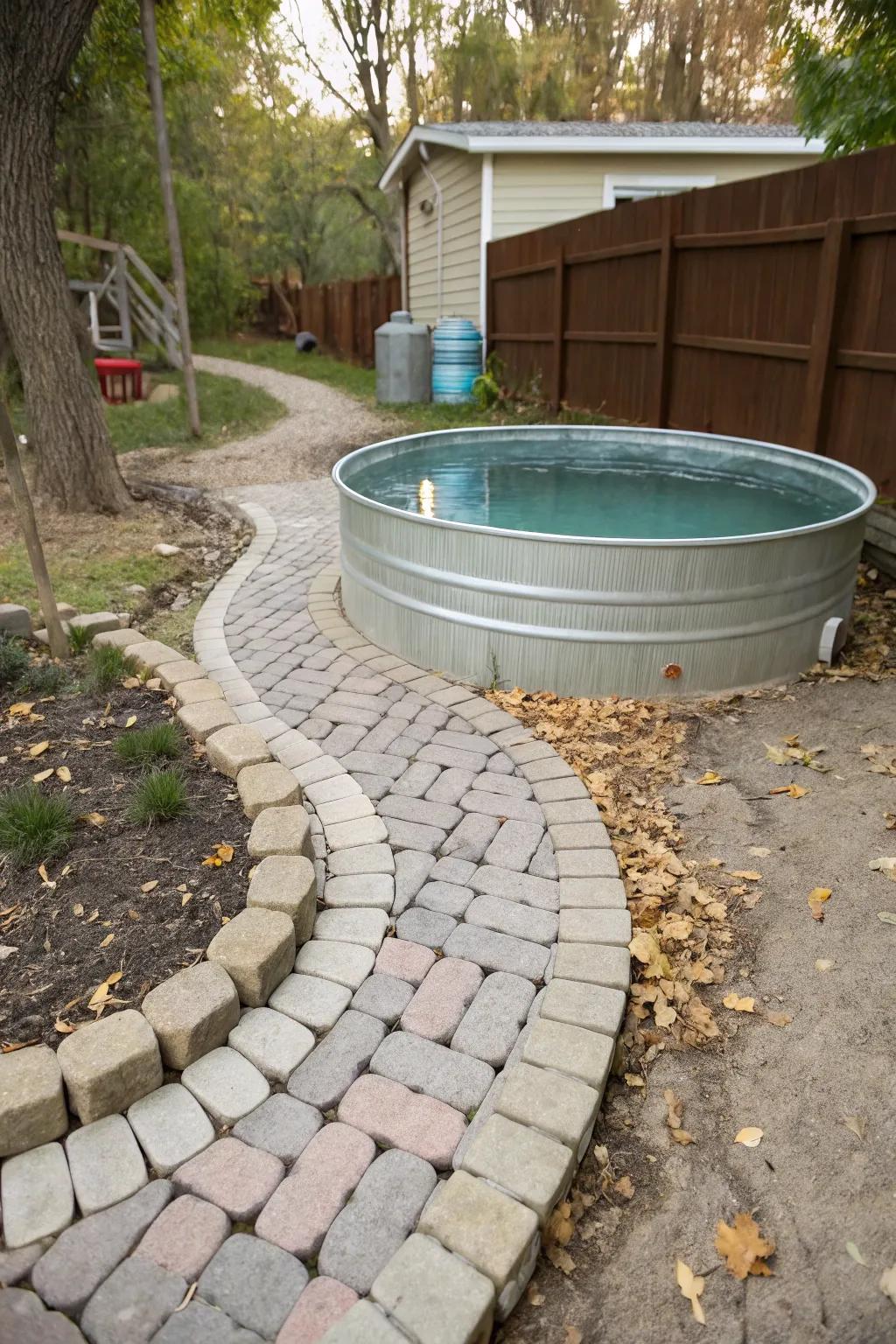 Pavers give the stock tank pool area a polished and sophisticated look.