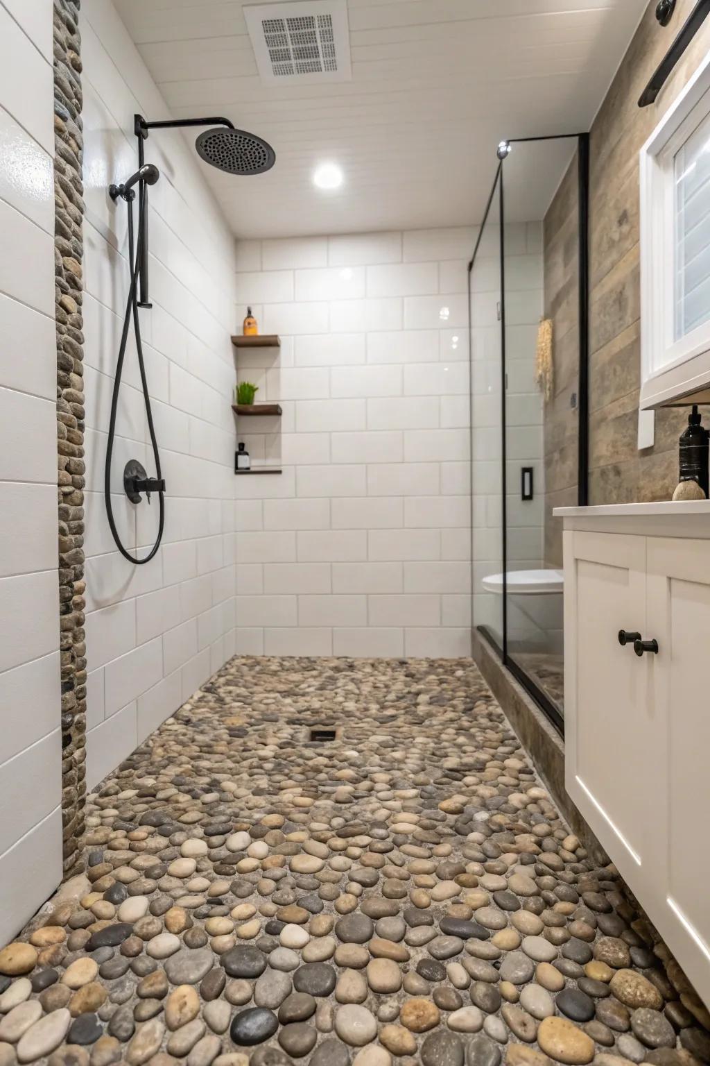 A bathroom featuring pebble accent flooring in the shower area for added texture.