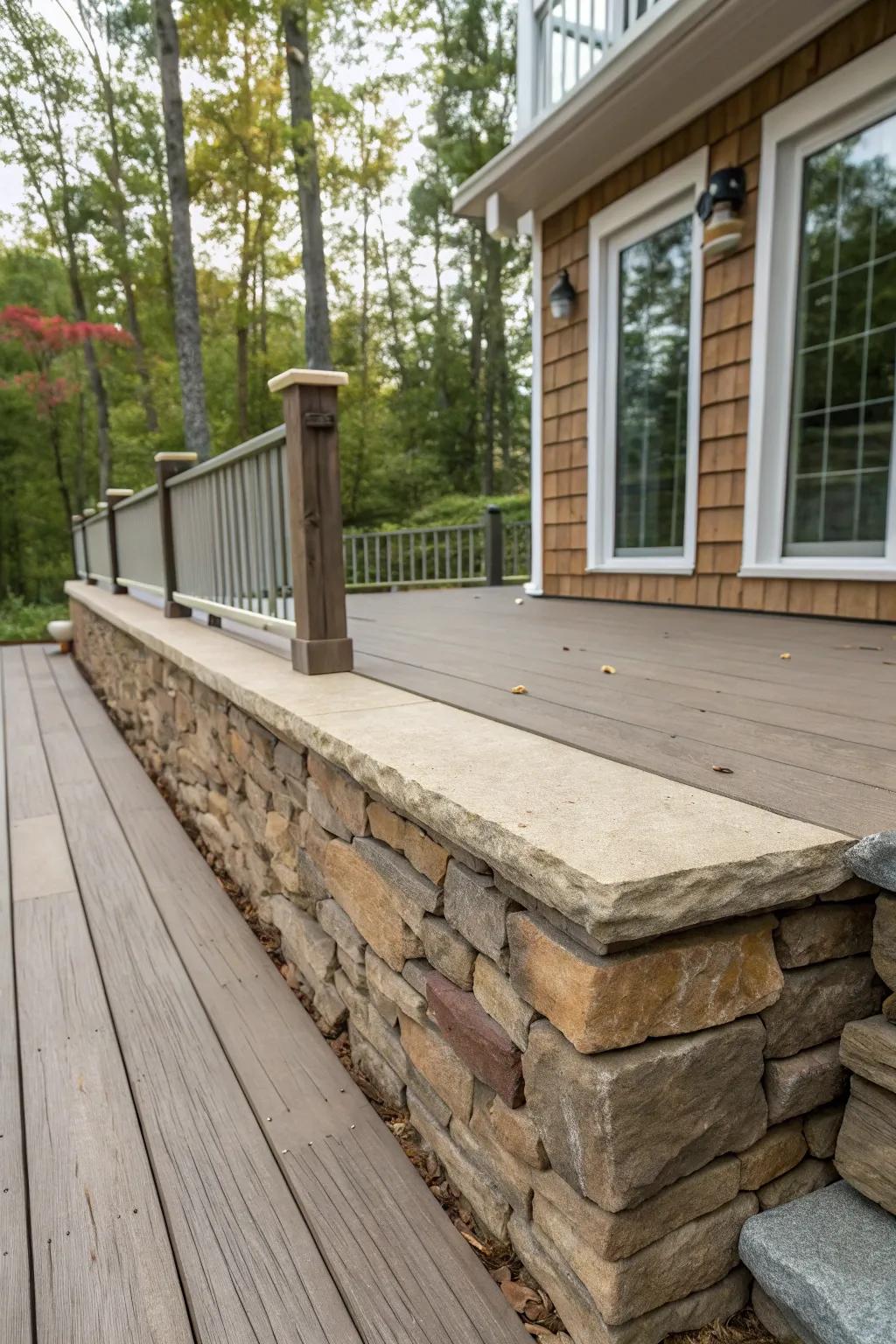 A sustainable deck with eco-friendly stone skirting, perfect for green living.