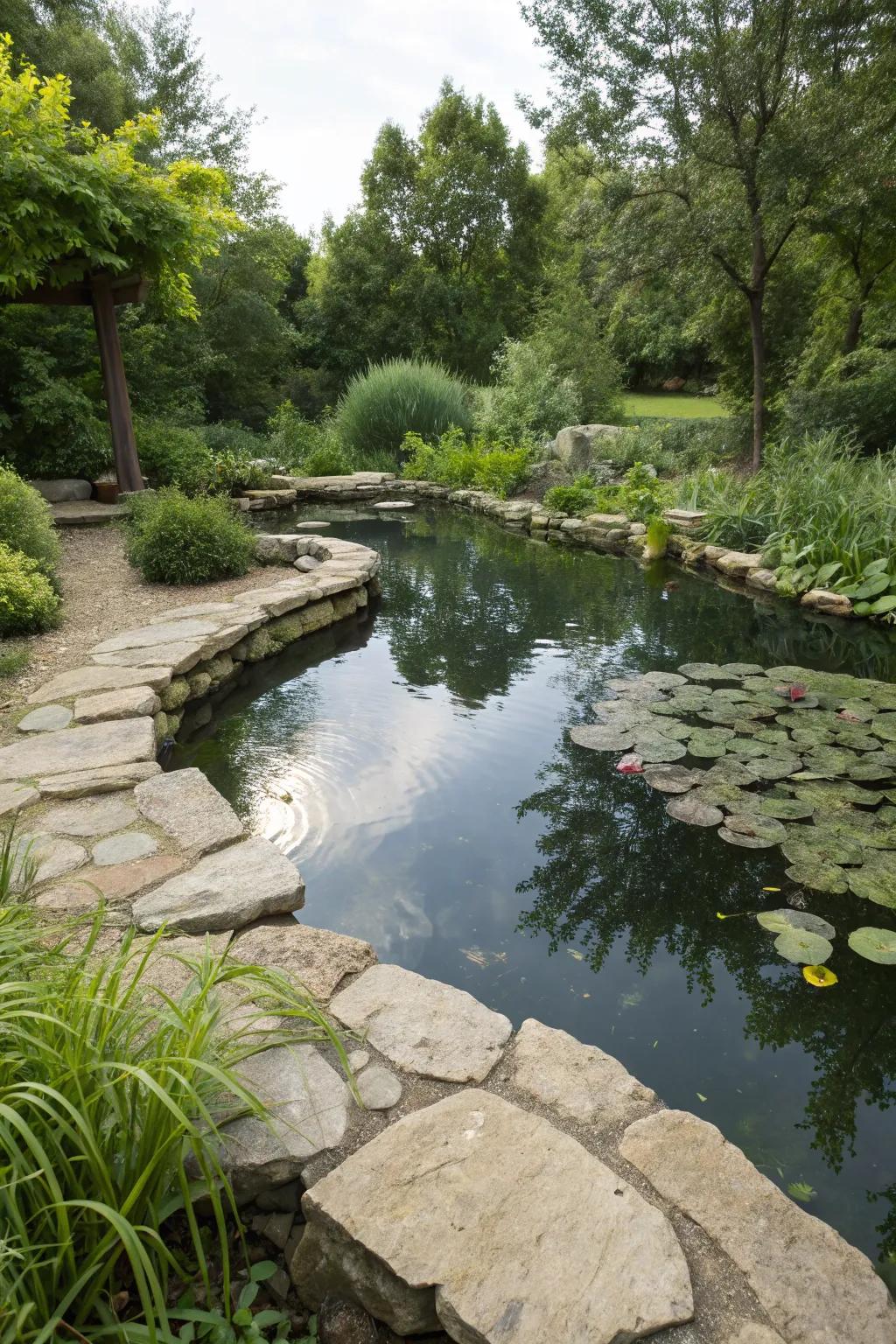 Natural stone edging creating a serene pond environment.