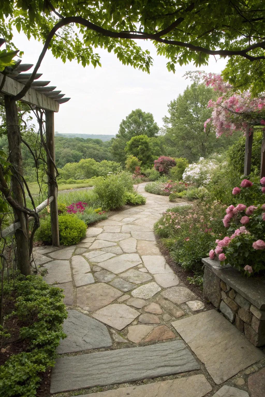 A stone patio connected to the garden with natural pathways.