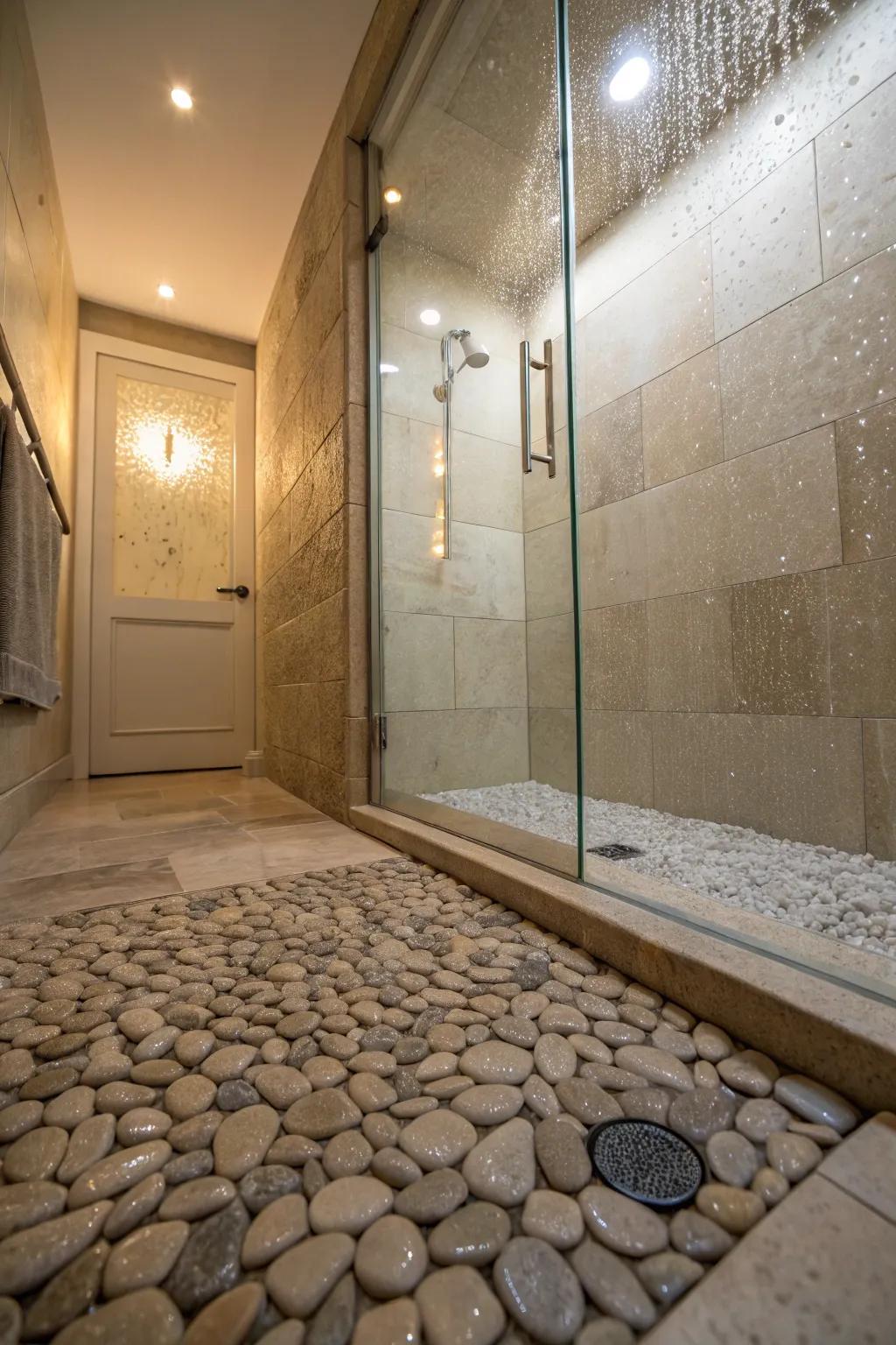 Textured stone flooring provides grip and tactile appeal.