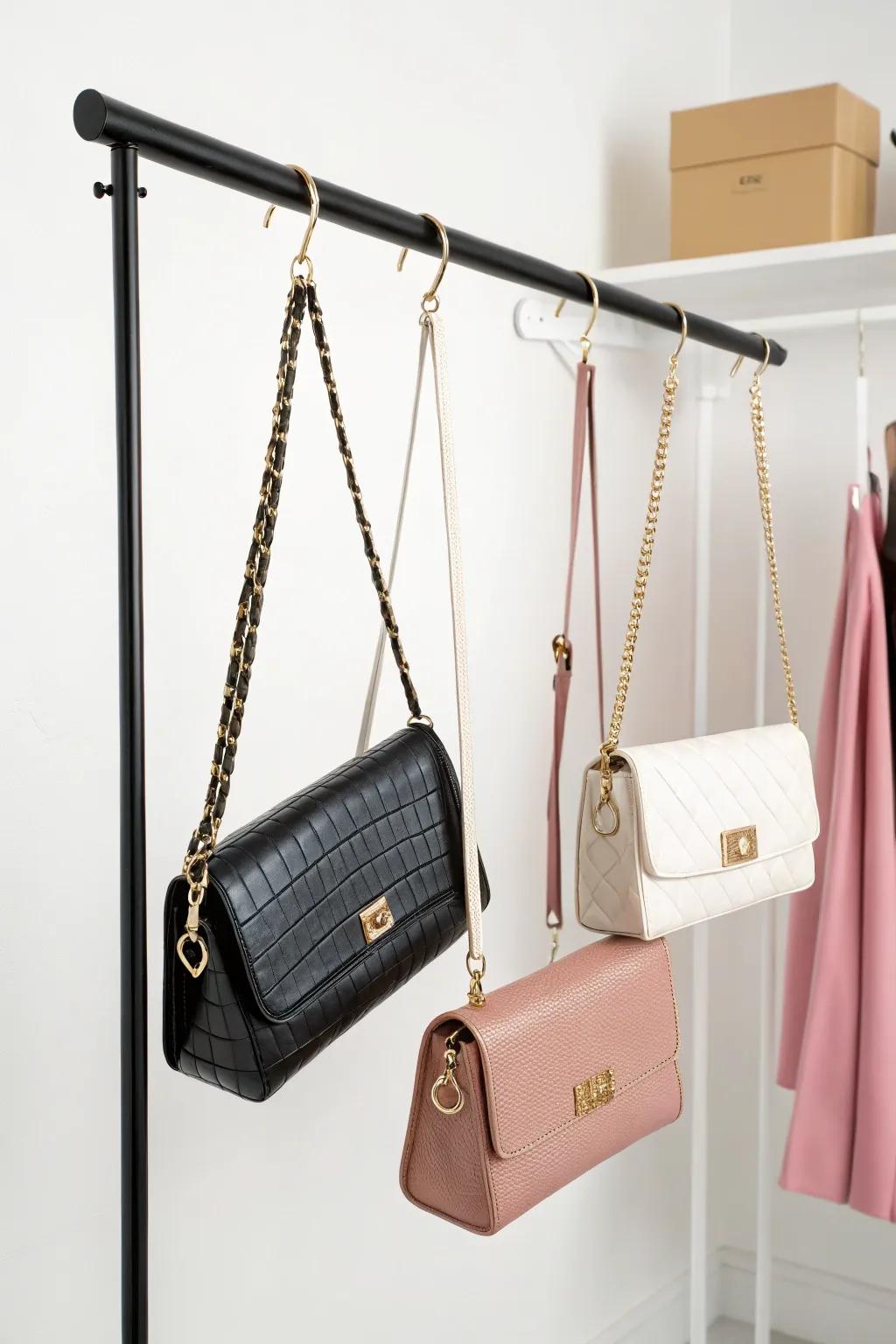 Minimalist hanging rod used for purse display.