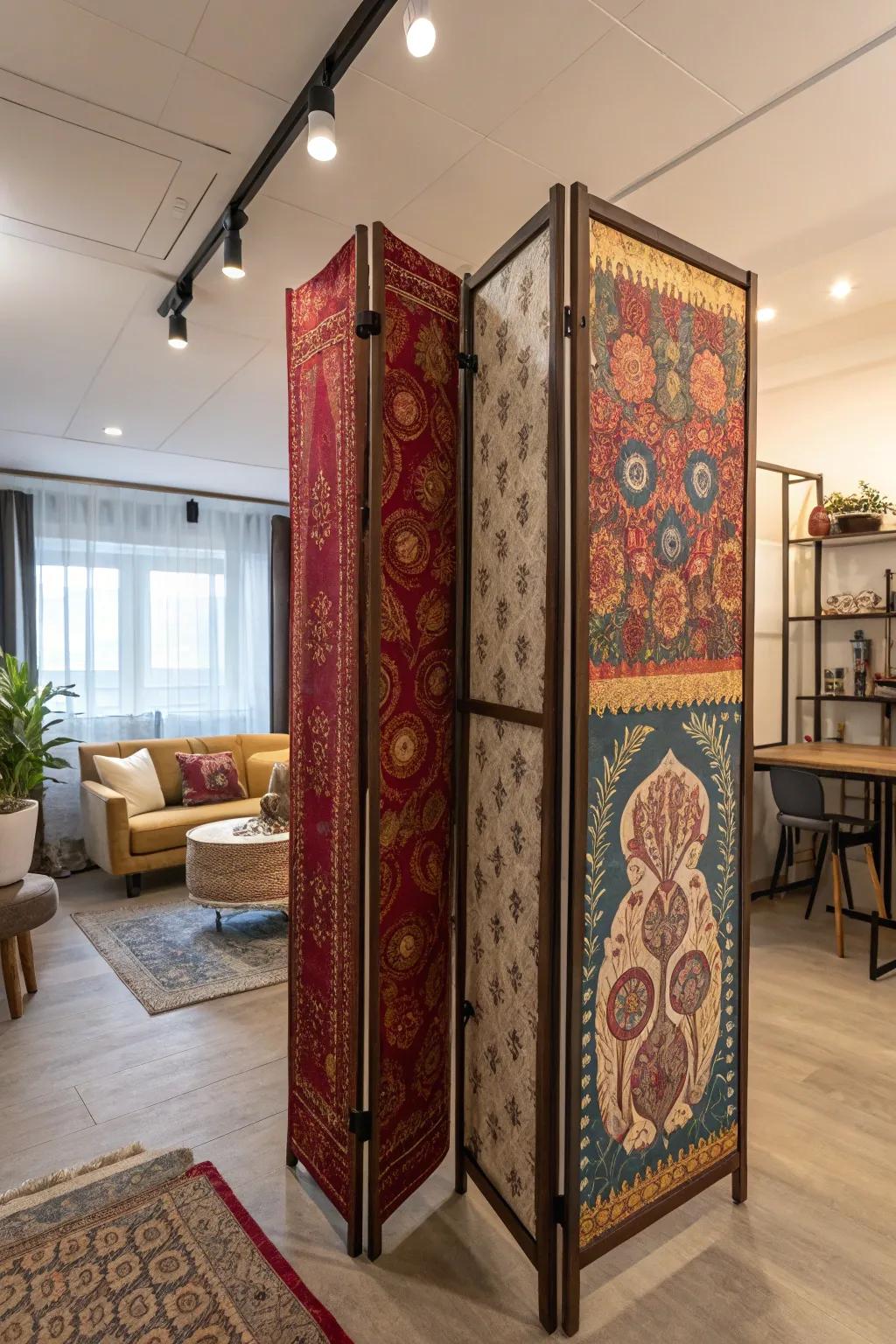 Textile dividers add warmth and texture to a studio.