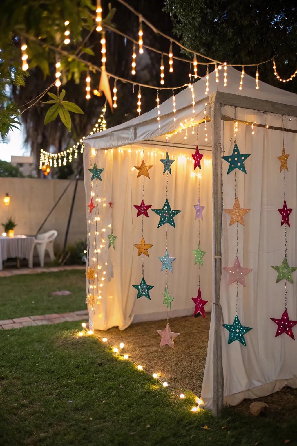 A whimsical sukkah featuring hanging star decorations that twinkle.