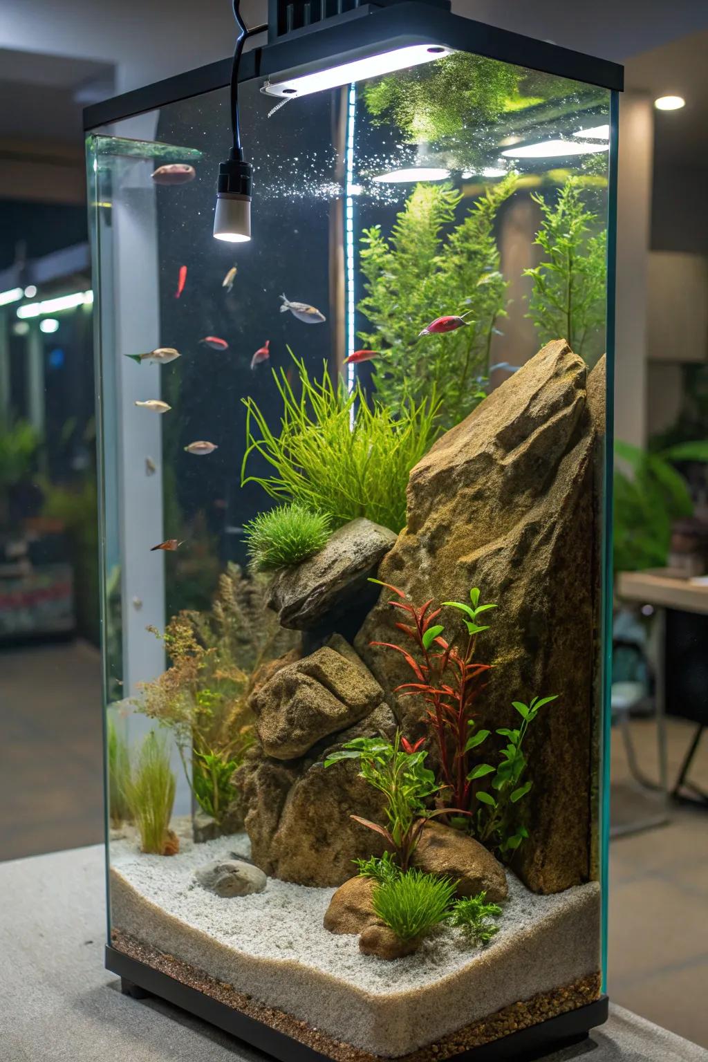 A tall aquarium beautifully designed as a biotope.