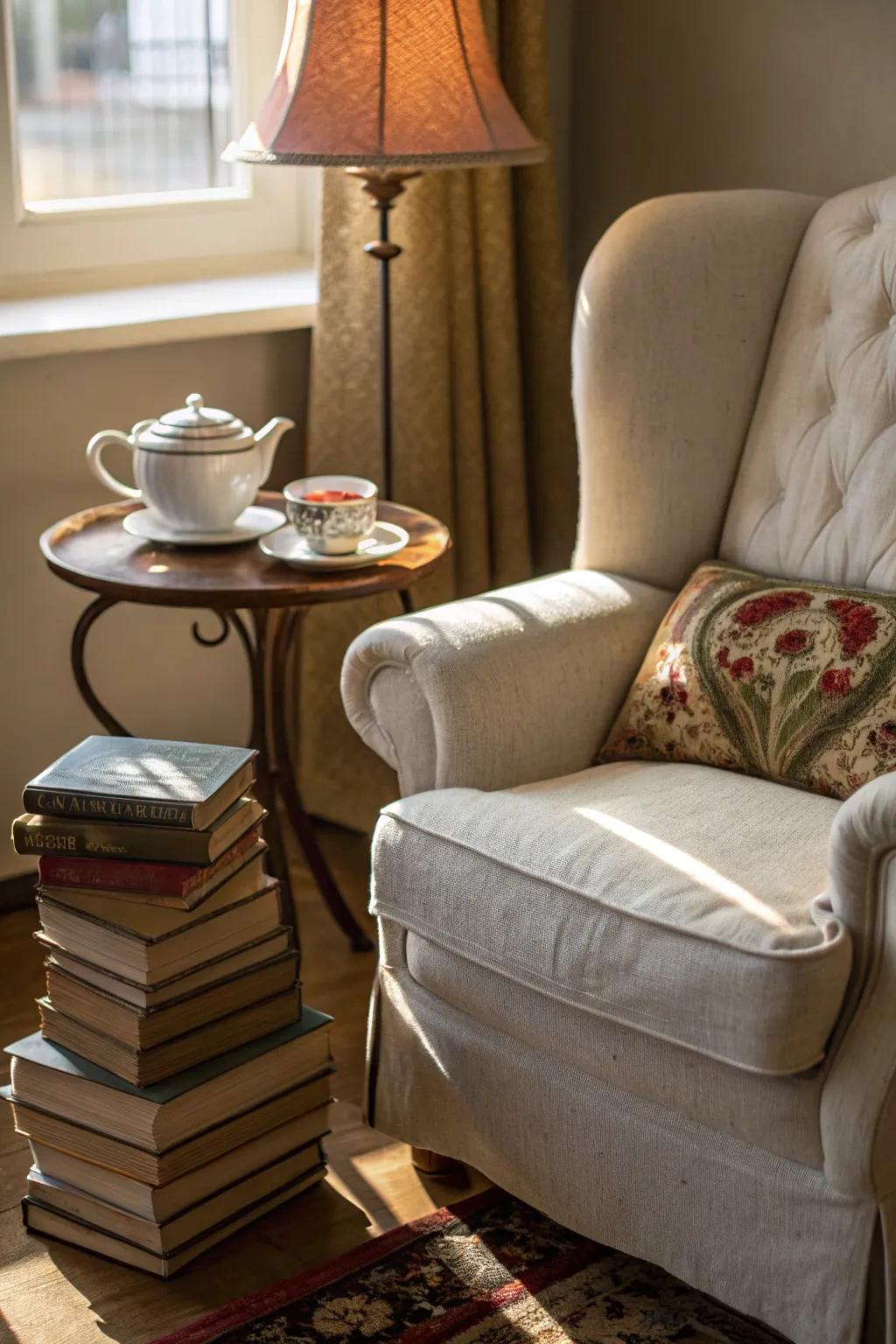 A serene reading nook complete with a charming tea set.