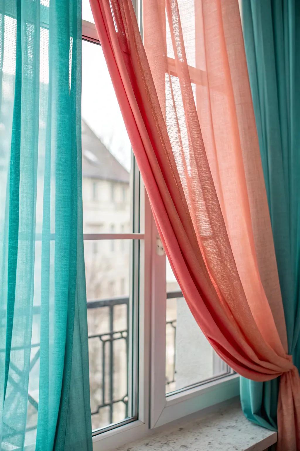 Layered teal and coral curtains for added dimension.