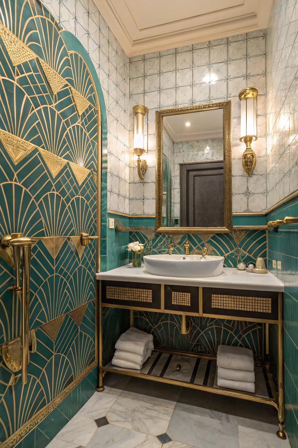 Art Deco elements paired with teal tiles for a glamorous look.