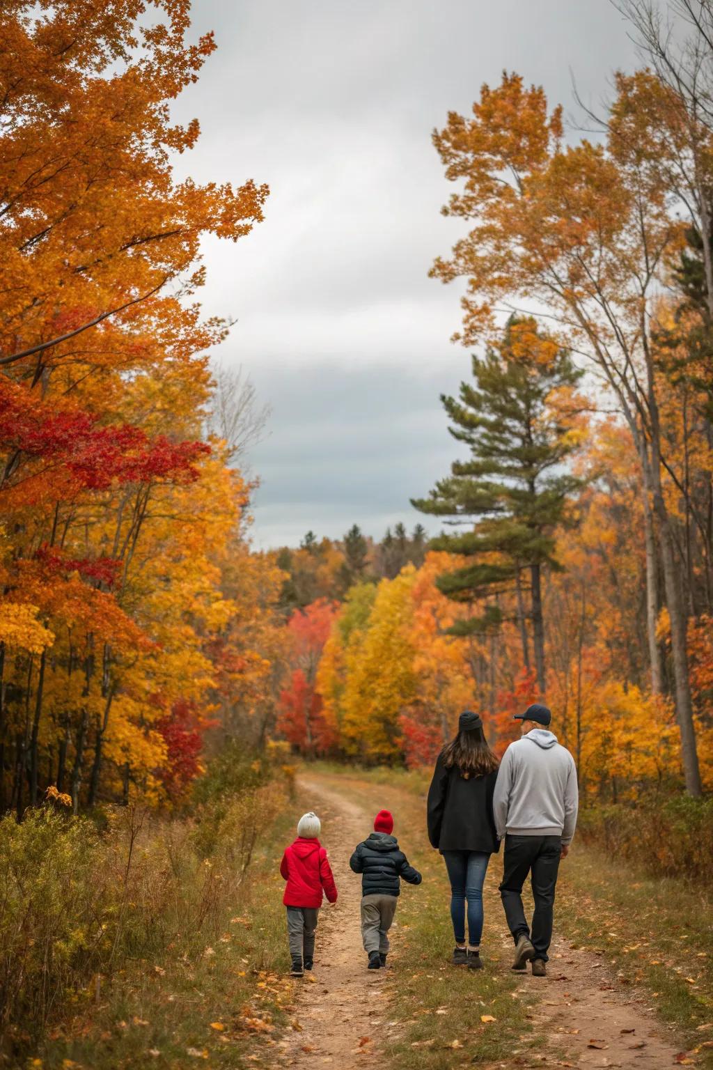 A family enjoying a peaceful nature walk amidst autumn splendor.