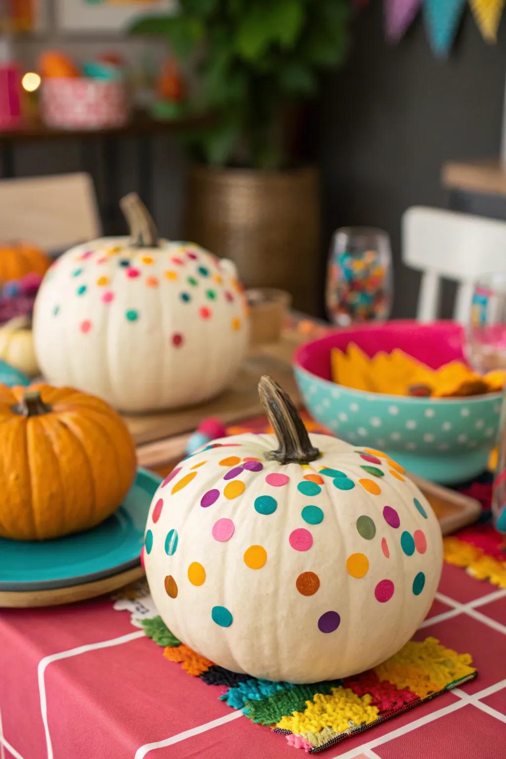 Playful confetti painted pumpkins for festive fun.